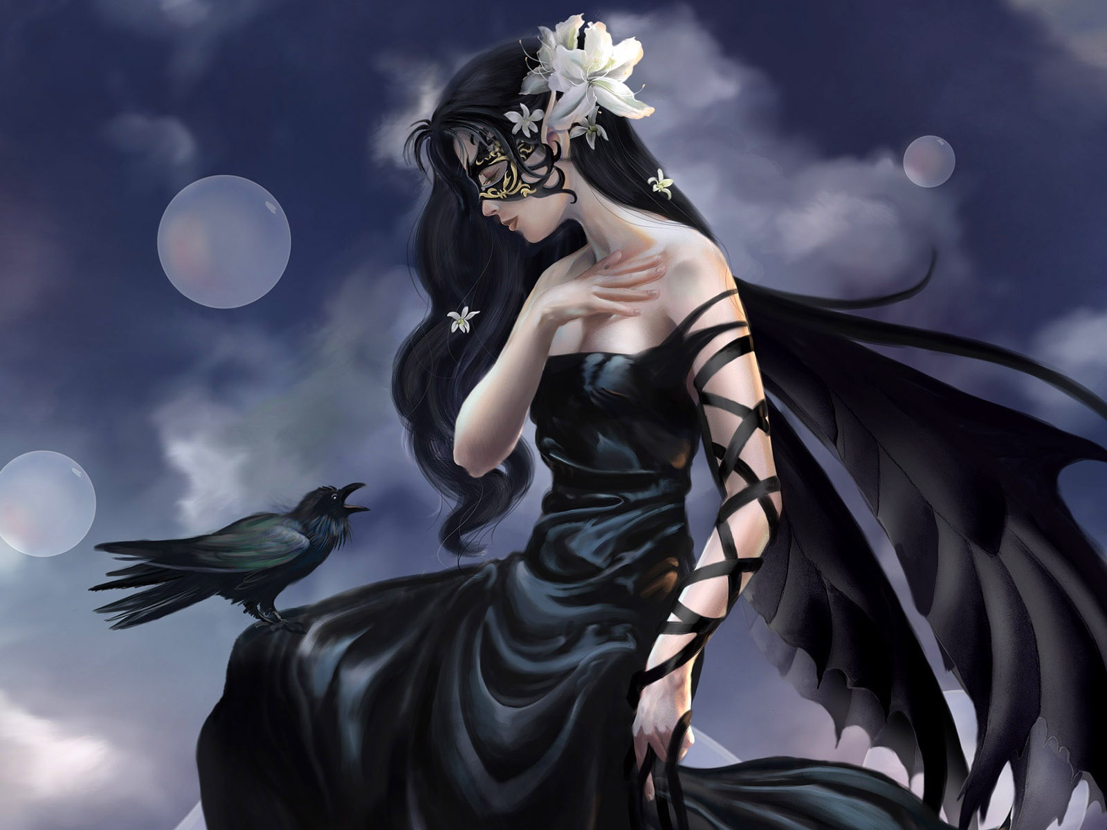 beautiful-lady-post-a-mysterious-girl-in-black-dress-a-crow-facing-her